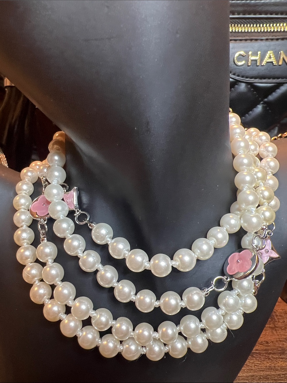 White Pearl Multi-Strand Necklace with Pink Flower Charms